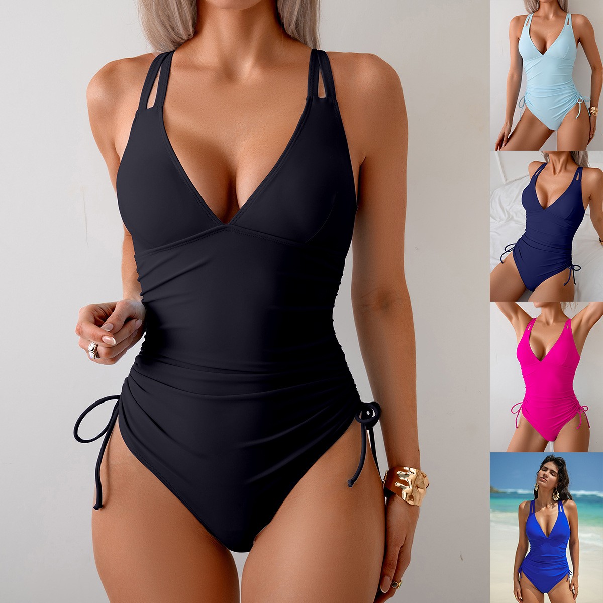 Solid Black Swimsuit V Neck Ru - Swimsuit Bikini Ruched recensione e prezzo
