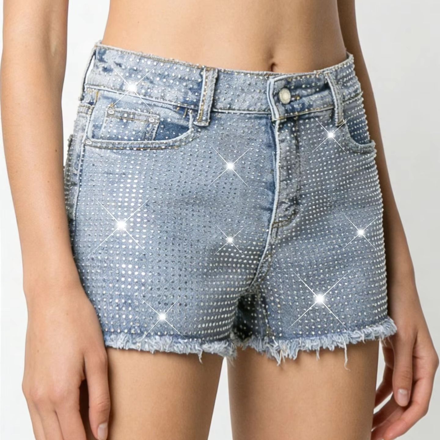 2026 New Full-Bejeweled Elasti - Shorts Denim Frayed recensione e prezzo