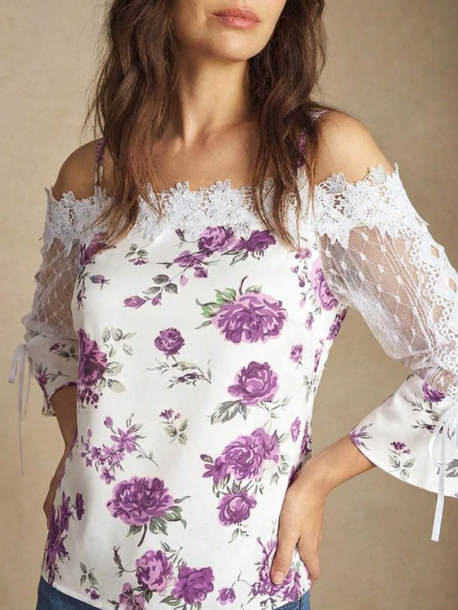 Purple Floral Print Off Should - Blouse Off Shoulder recensione e prezzo